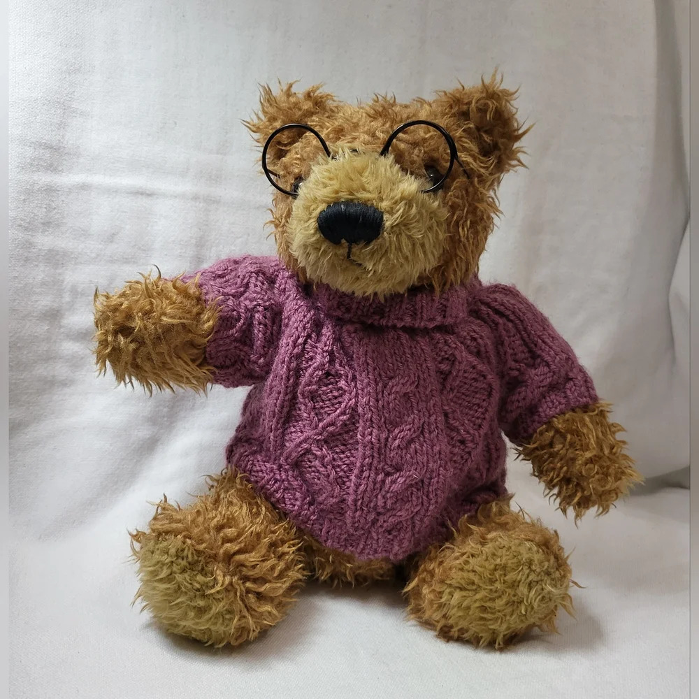 VTG DanDee Collector's Choice 10" Purple Cable Knit Sweater & Glasses Teddy Bear